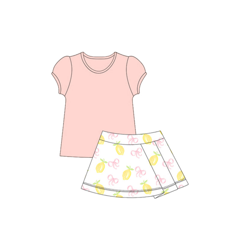 preorder GSD2619 yoga pink short sleeve lemon bows skirt girls set
