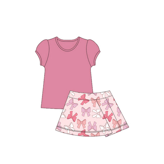 preorder GSD2620 yoga pink short sleeve pink bows skirt girls set