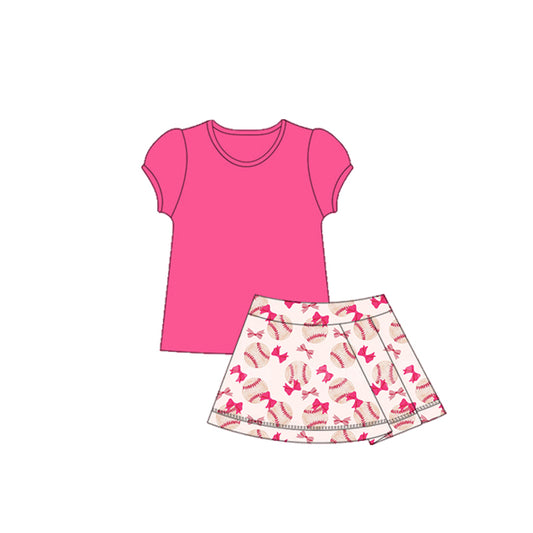 preorder GSD2621 yoga hot pink short sleeve baseball bows skirt girls set