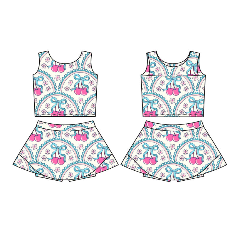 preorder GSD2623 berry flowers blue sleeveless skirt girls set