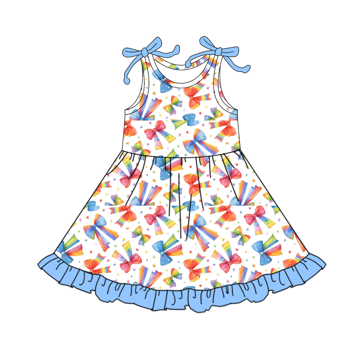 preorder GSD2654 rainbow bows blue girls dress