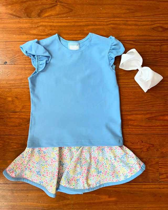 preorder GSD2677 blue flutter sleeve colorful flowers floral skirt girls set