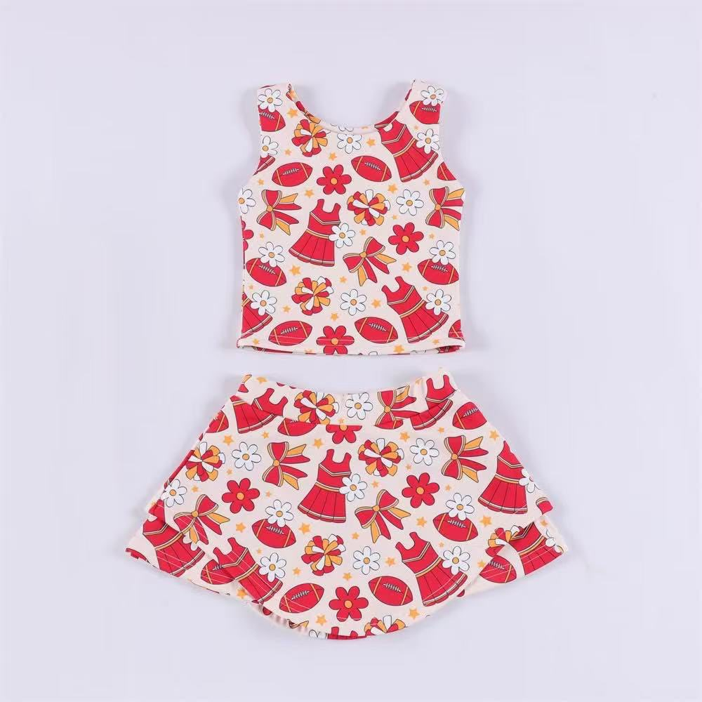 preorder GSD2691 football team bows flowers dress red sleeveless skirt skorts girls set