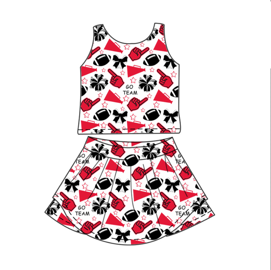 preorder GSD2692 football team cheer bows red/black sleeveless skirt skorts girls set