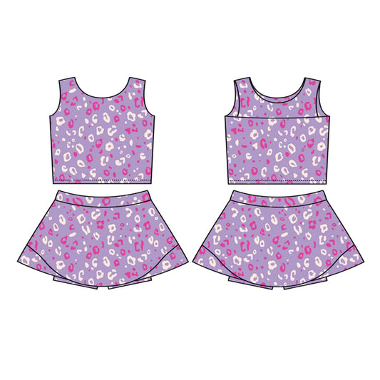 preorder GSD2702 yoga leopard purple sleeveless skirt skorts girls set