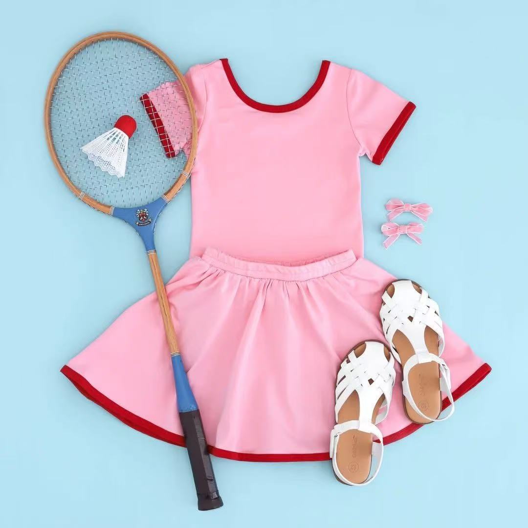 preorder GSD2707 yoga pink short sleeve skirt skorts girls set