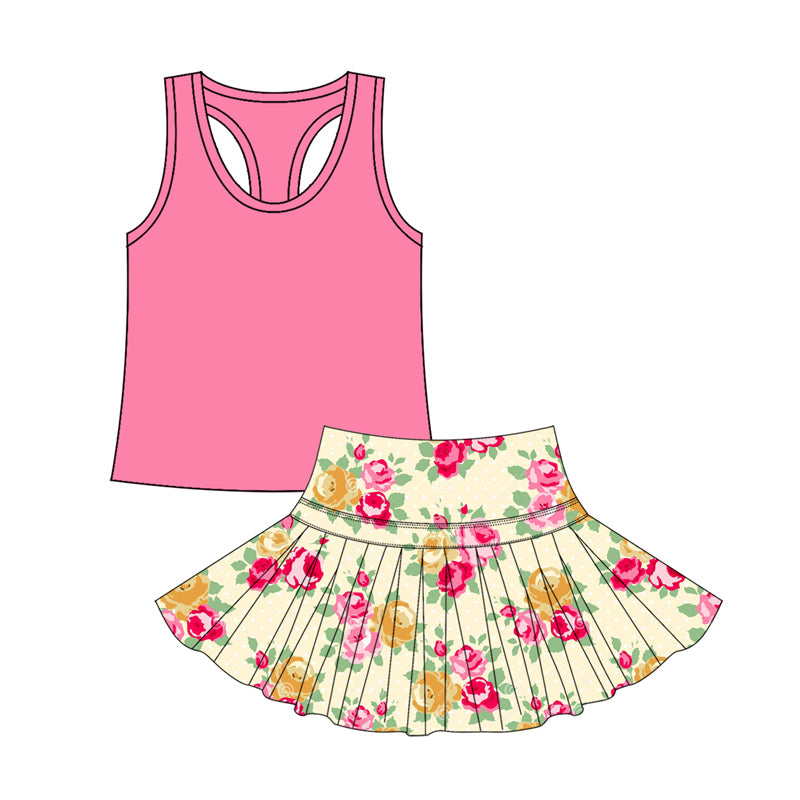 preorder GSD2709 yoga pink sleeveless flowers skirt skorts girls set