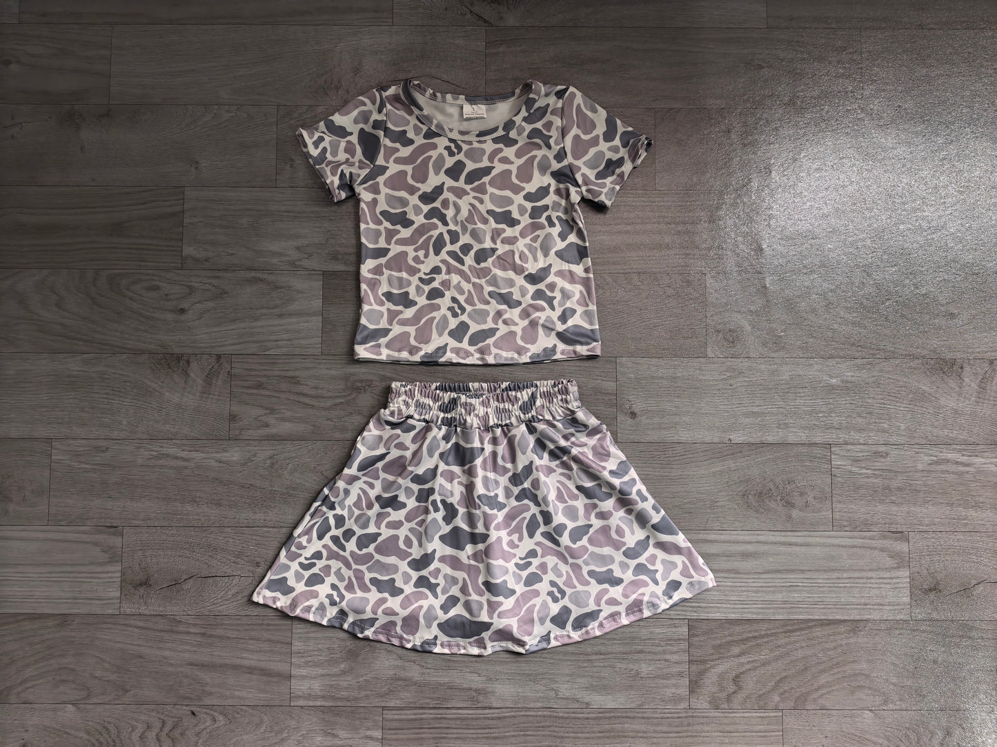 preorder Samples GSD2724 grey camo short sleeve skirt skorts girls set
