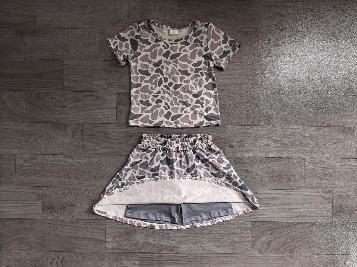 preorder Samples GSD2724 grey camo short sleeve skirt skorts girls set