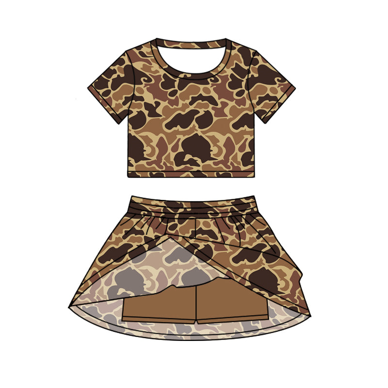 preorder GSD2725 brown camo short sleeve skirt skorts girls set