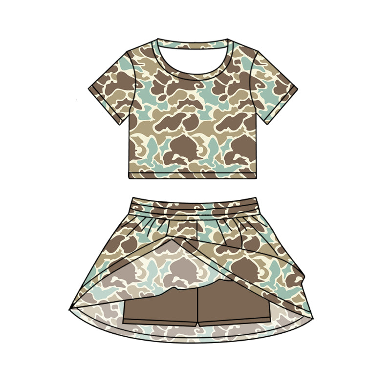 preorder GSD2729 greem camo short sleeve skirt skorts girls set