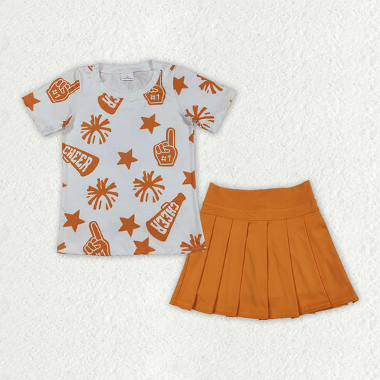 GSD2732 cheer firework star orange short sleeve yoga skirt skort girls set
