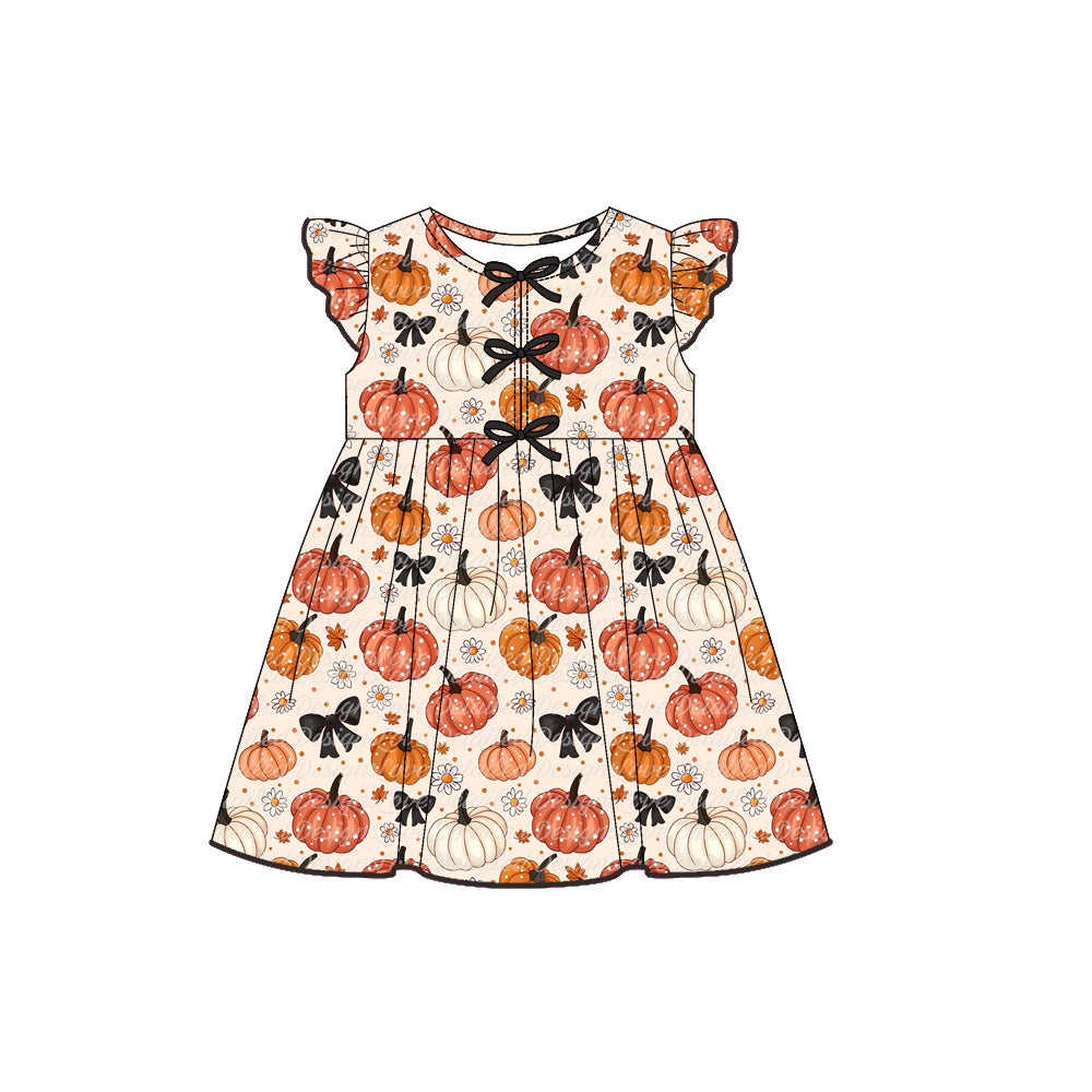 preorder GSD2769 Autumn pumpkin black bows orange flutter sleeve girls dress