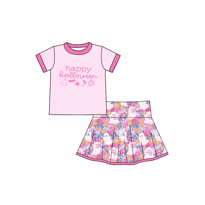 preorder GSD2773 happy Halloween spooky pink short sleeve flowers spooky skirt girls set