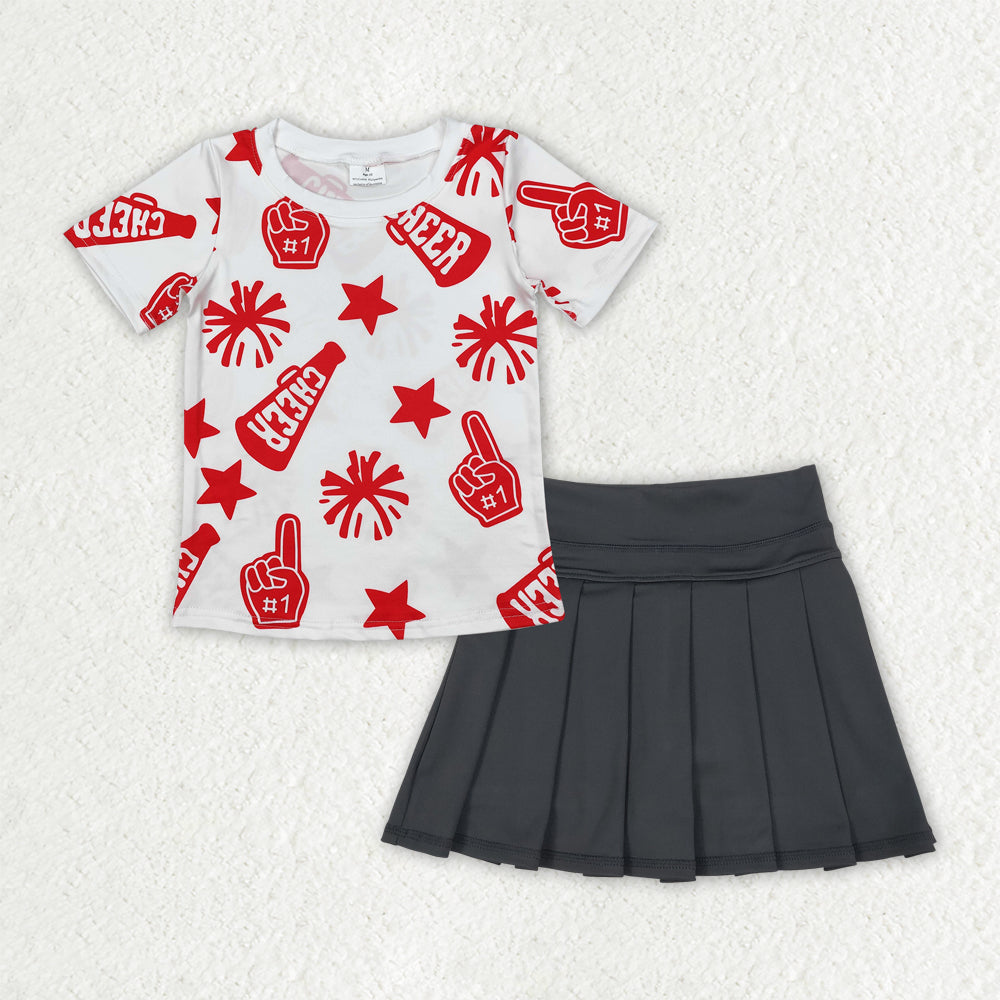 GSD2779 red cheer firework star short sleeve black yoga skorts skirt girls set