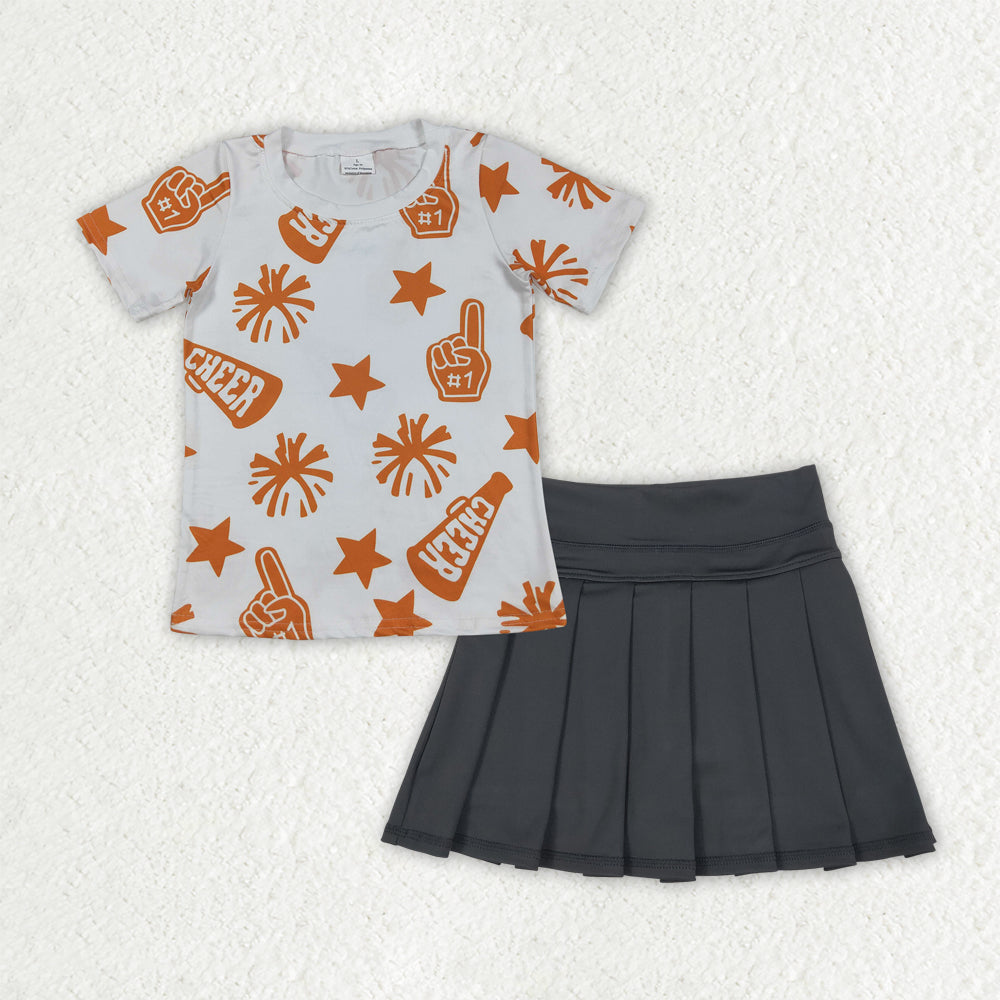 GSD2780 orange cheer firework star short sleeve black yoga skorts skirt girls set