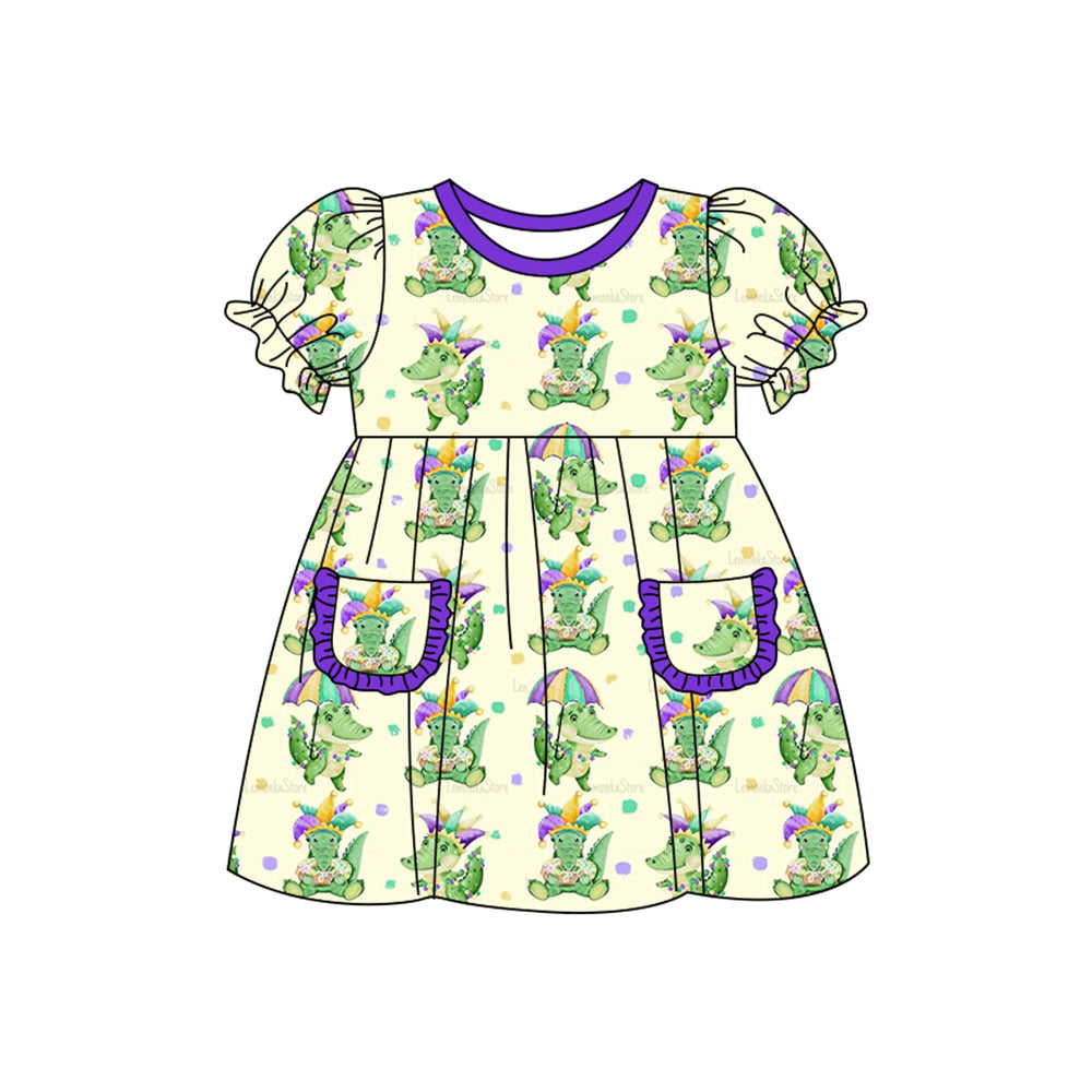 preorder GSD2806 Mardi Gras crocodile hat purple green pocket short sleeve girls dress