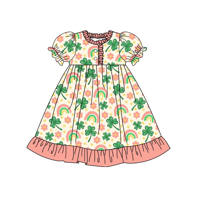 preorder GSD2816 St Patrick clover flowers rainbow short sleeve girls dress
