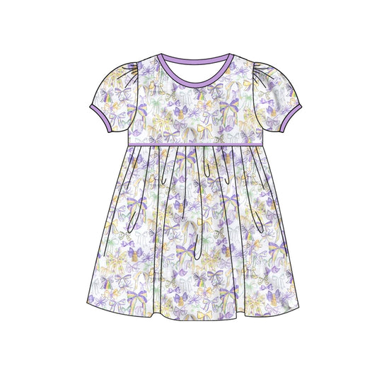 preorder GSD2828 Mardi Gras purple bows short sleeve girls dress