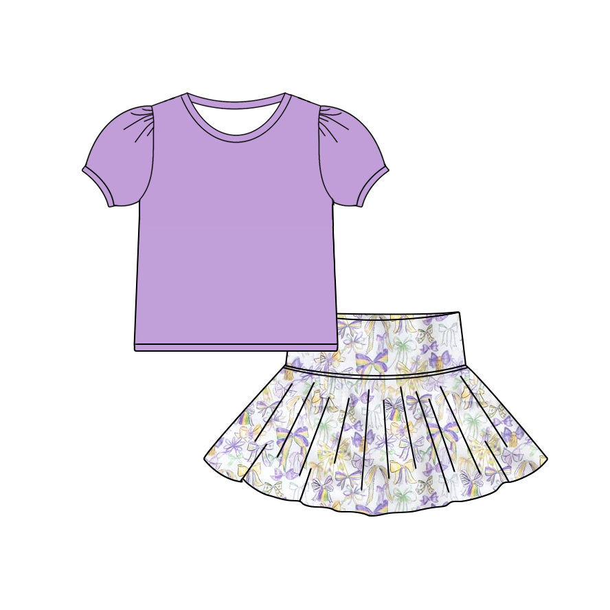 preorder GSD2829 Mardi Gras purple short sleeve bows skorts girls set