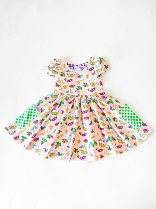 preorder GSD2831 Mardi Gras mask pockets short sleeve girls dress