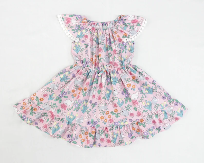 preorder GSD2833 Easter bunny rabbit colorful flowers floral pink flutter sleeve girls dress