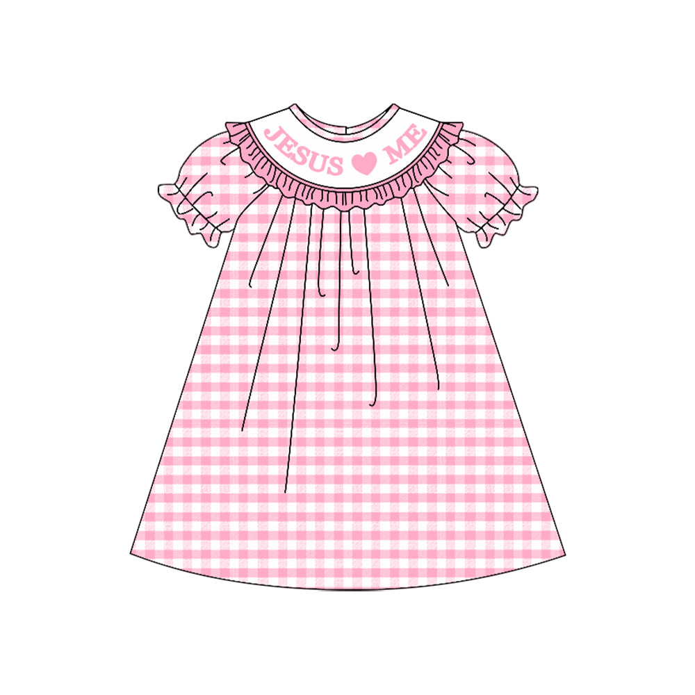 preorder GSD2846 Easter Jesus love me pink checkered short sleeve girls dress