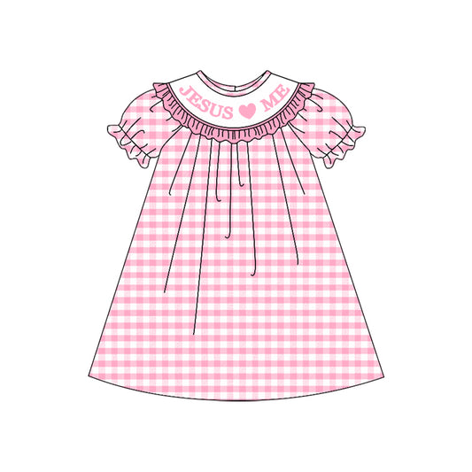 preorder GSD2846 Easter Jesus love me pink checkered short sleeve girls dress