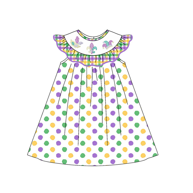 preorder GSD2848 Mardi Gras purple green yellow dot flutter sleeve girls dress