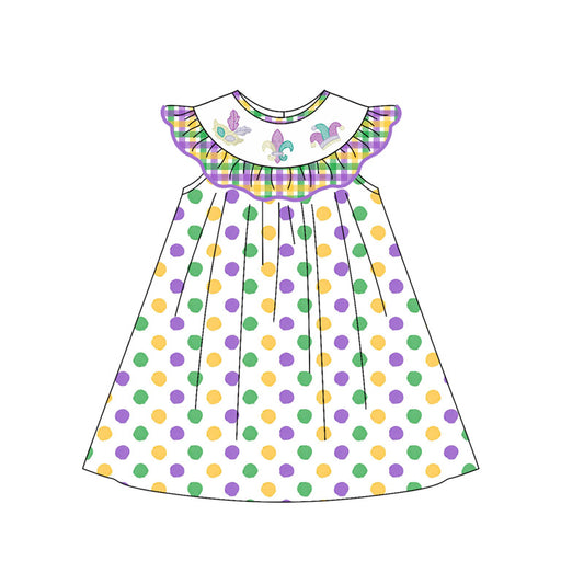 preorder GSD2848 Mardi Gras purple green yellow dot flutter sleeve girls dress
