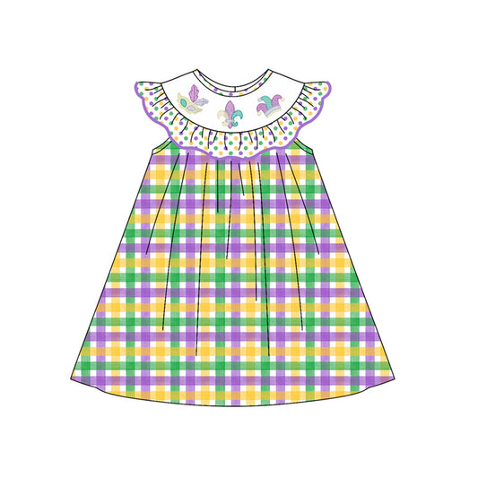 preorder GSD2849 Mardi Gras purple green yellow dot flutter sleeve girls dress