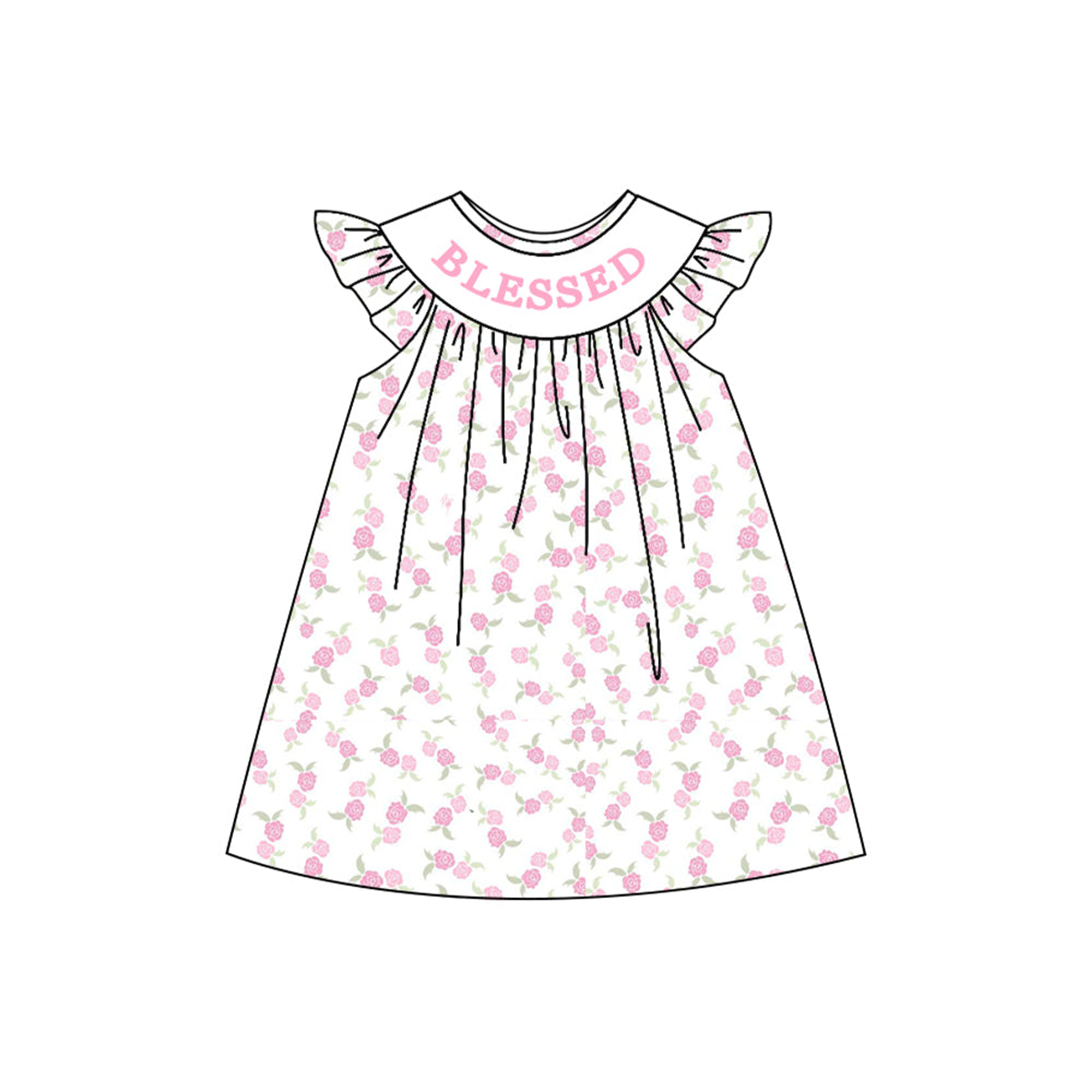 preorder GSD2856 Blessed pink flowers floral flutter sleeve girls dress