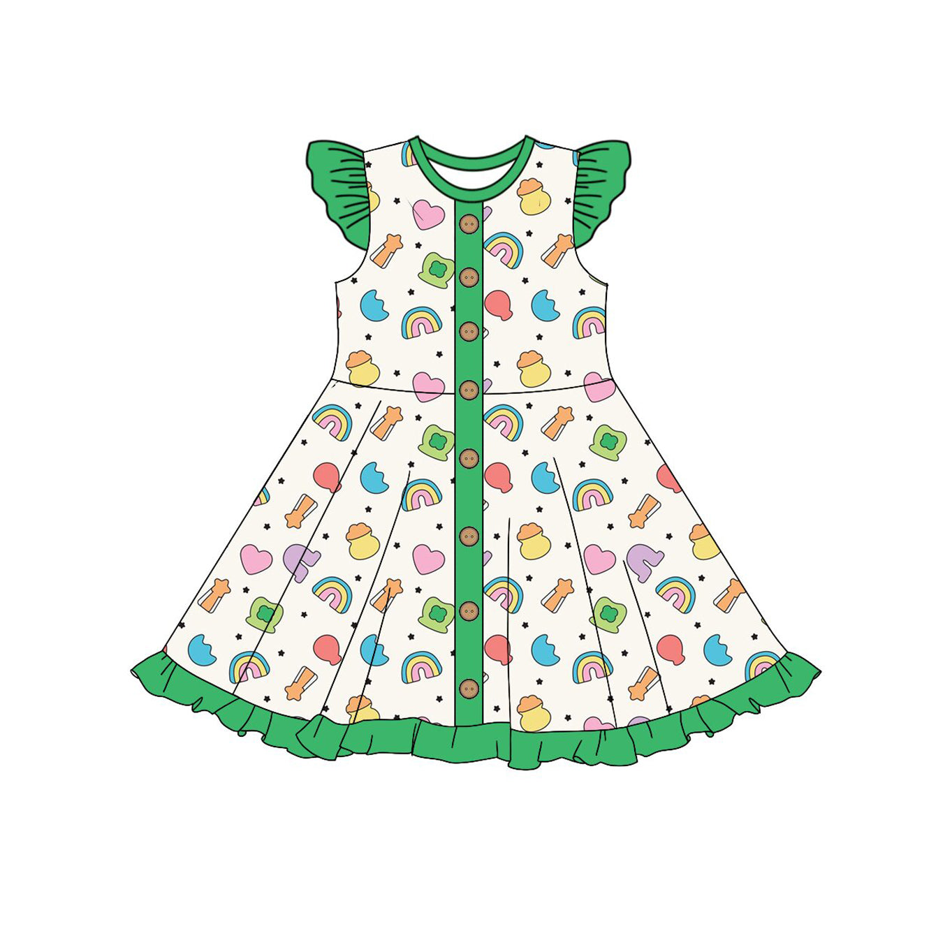 preorder GSD2864 St Patrick rainbow heart green flutter sleeve girls dress