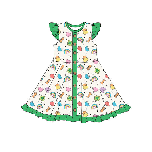 preorder GSD2864 St Patrick rainbow heart green flutter sleeve girls dress