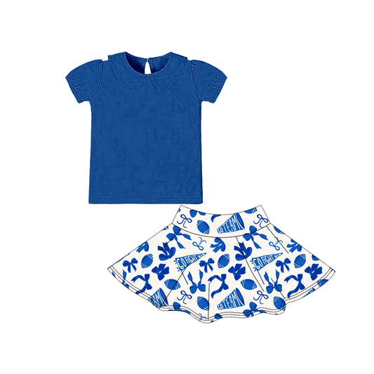 preorder GSD2874 yoga football team blue short sleeve go fight bows skorts skirt girls set