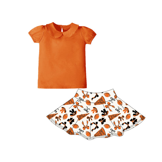 preorder GSD2875 yoga football team orange short sleeve go fight bows skorts skirt girls set