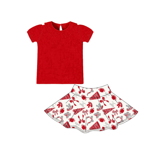 preorder GSD2877 yoga football team red short sleeve go fight bows skorts skirt girls set