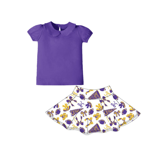 preorder GSD2878 yoga  football team purple short sleeve go fight bows skorts skirt girls set