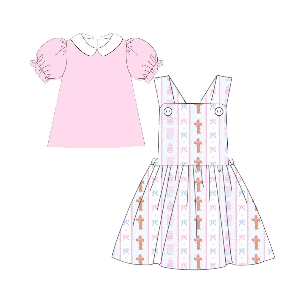 preorder GSD2879 Easter pink short sleeve cross bows pink girls dress set