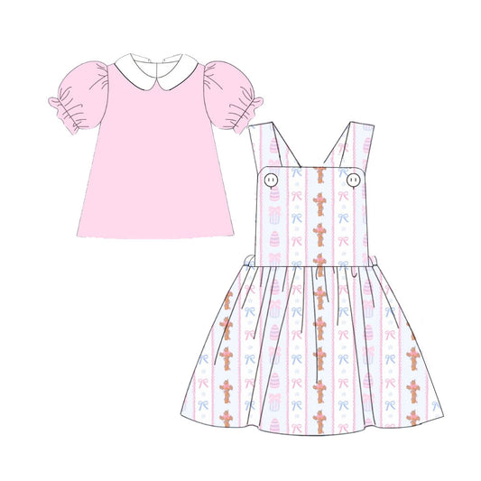 preorder GSD2879 Easter pink short sleeve cross bows pink girls dress set
