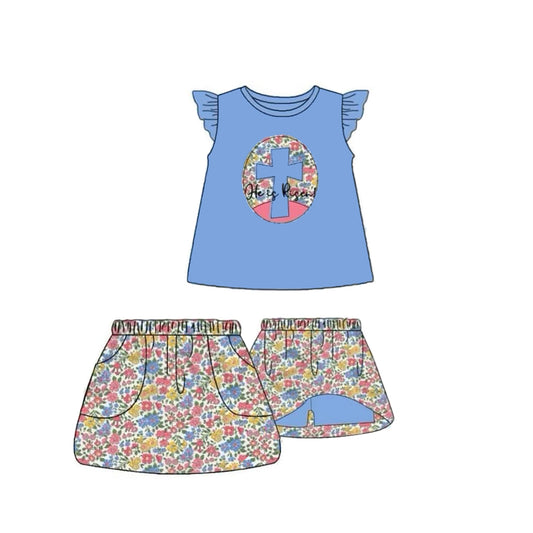 preorder GSD2892 Easter cross he is risen blue flutter sleeve flowers floral skorts girls set