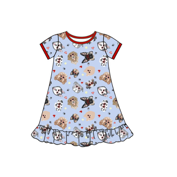 preorder GSD2896 Valentine's Day heart dog blue short sleeve girls dress