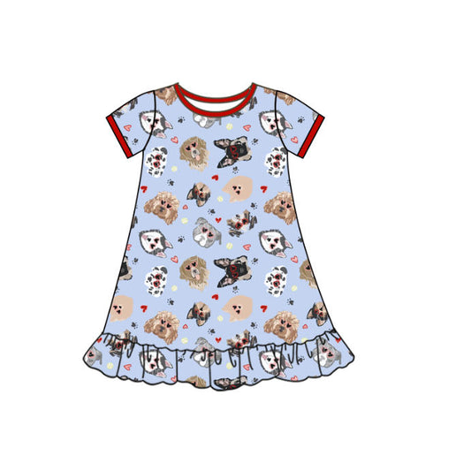 preorder GSD2896 Valentine's Day heart dog blue short sleeve girls dress