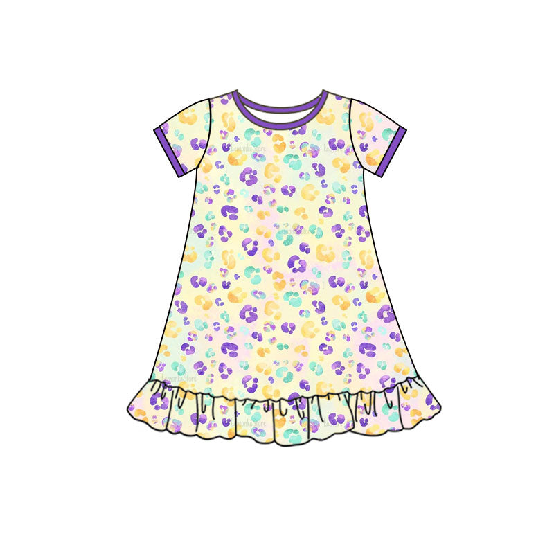 preorder GSD2899 Mardi Gras purple yellow green leopard short sleeve girls dress