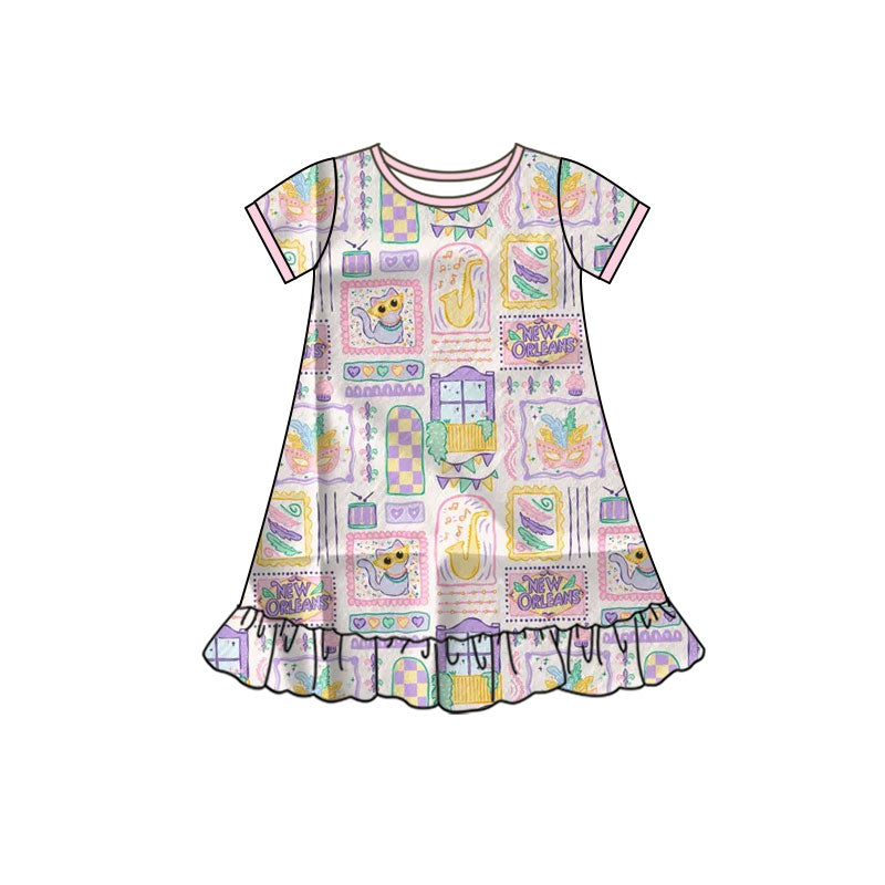 preorder GSD2901 Mardi Gras cake heart purple yellow green short sleeve girls dress