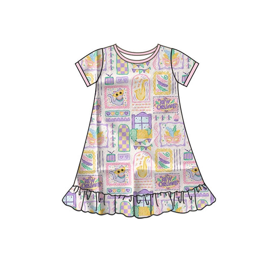 preorder GSD2901 Mardi Gras cake heart purple yellow green short sleeve girls dress