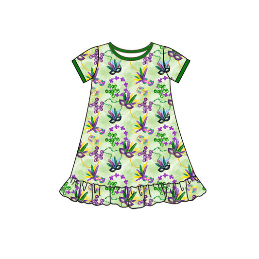 preorder GSD2902 Mardi Gras clover mask green short sleeve girls dress
