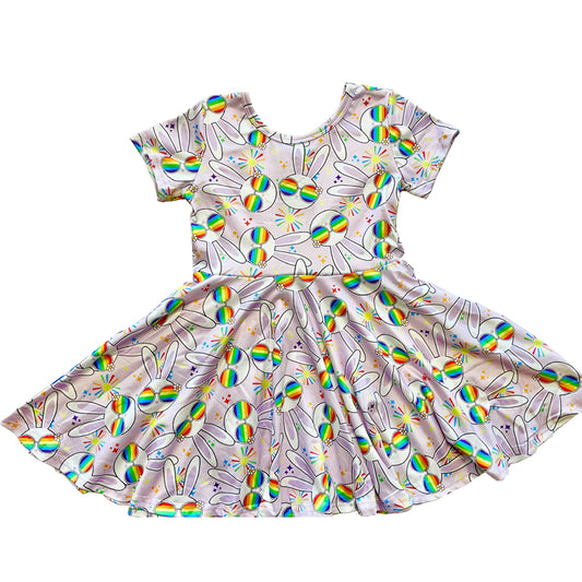 preorder GSD2905 Easter bunny rabbit rainbow glassess short sleeve girls dress