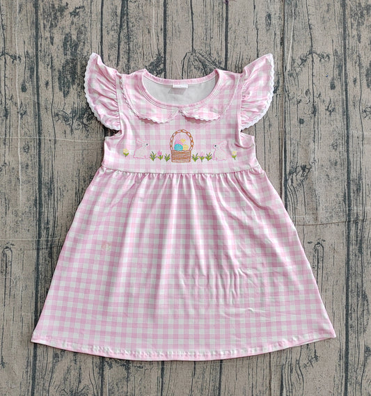 preorder Samples GSD2913 Easter Bunny Egg Pink Checekered Flutter Sleeve Girls Dress