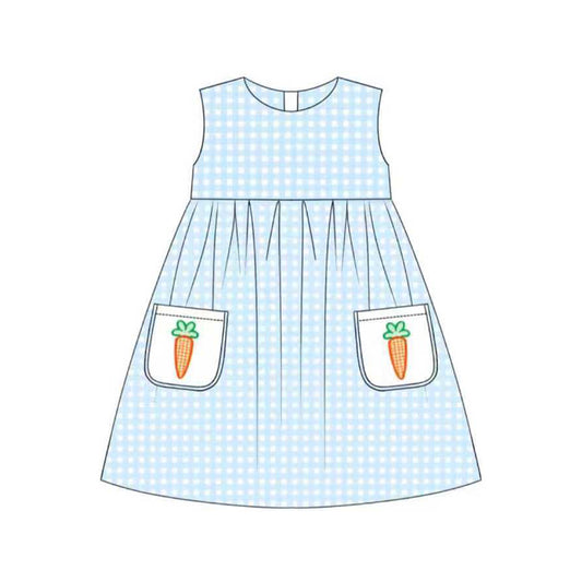 preorder GSD2941 Easter pockets carrot blue checkered sleeveless girls dress